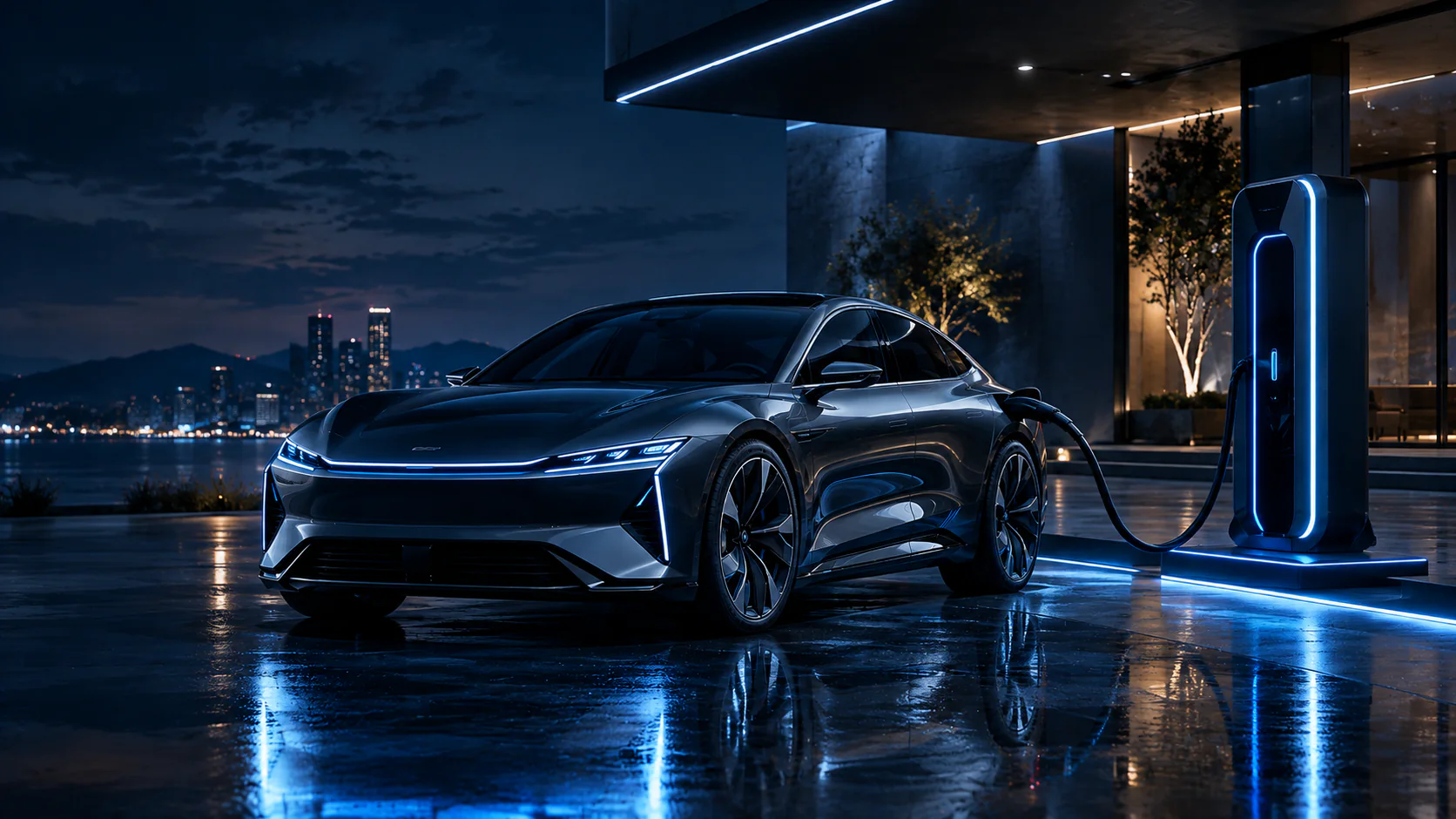 VoltDrive charging scene — an electric vehicle at a glowing public fast-charging station at night (brand scene, not a production vehicle).