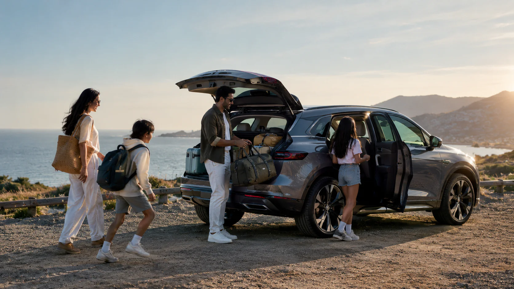 VoltDrive editorial scene — a family loading their electric vehicle at a coastal overlook at sunset (brand scene, not a production vehicle).