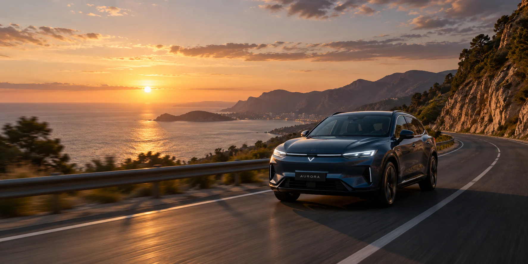 VoltDrive Aurora driving along a coastal mountain road at sunset — the featured model in motion (cinematic hero artwork).