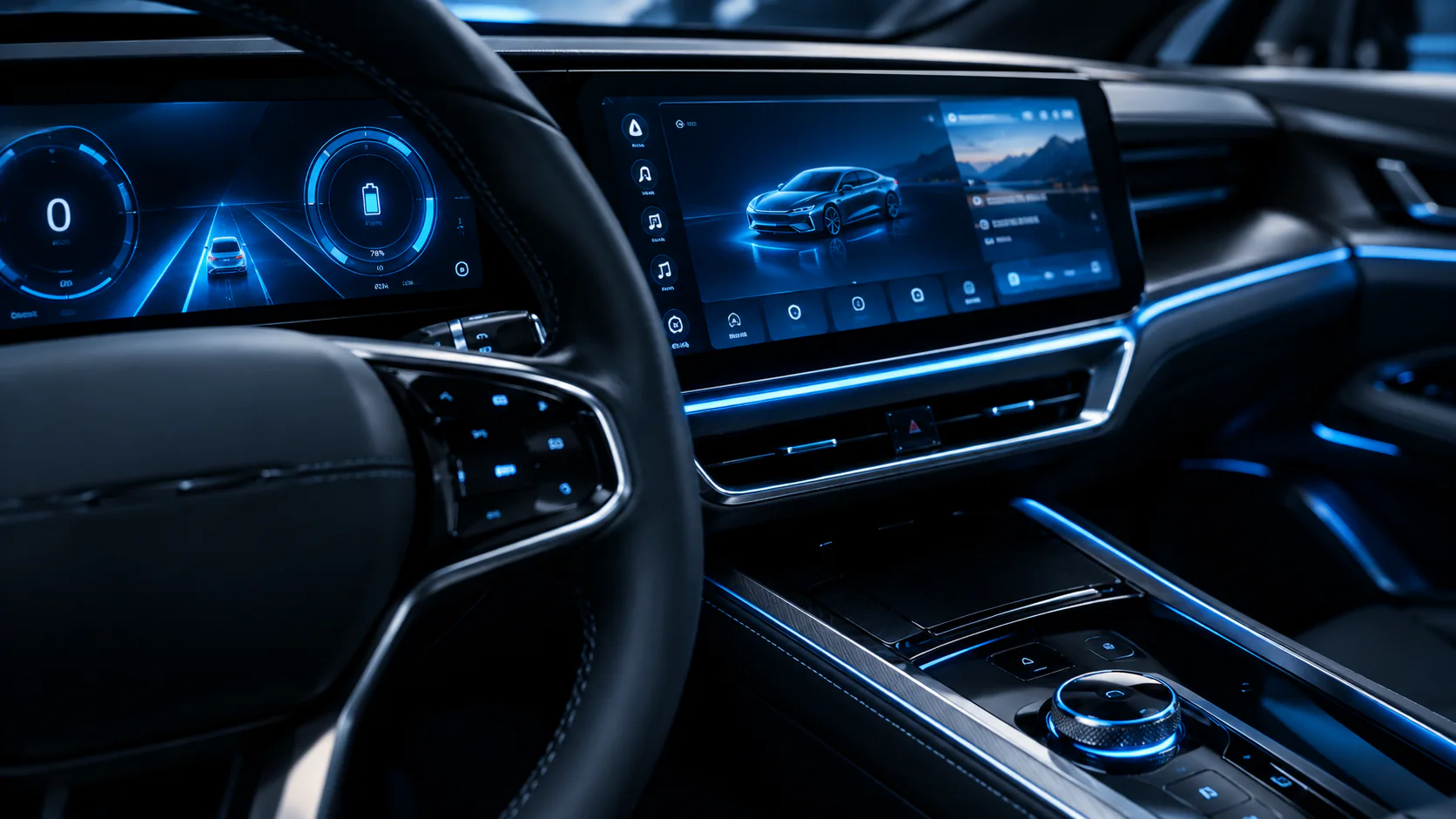 VoltDrive interior design concept — driver-focused cockpit with a wide centre touchscreen and blue ambient lighting (brand design language, not a specific model).